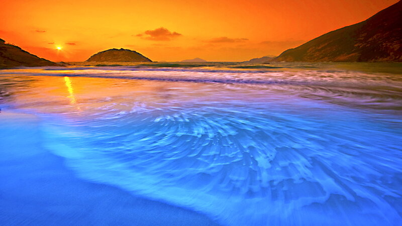 Ocean Waves at Sunset — Orange, Serene, Photograph, Sun, Island, Mountain