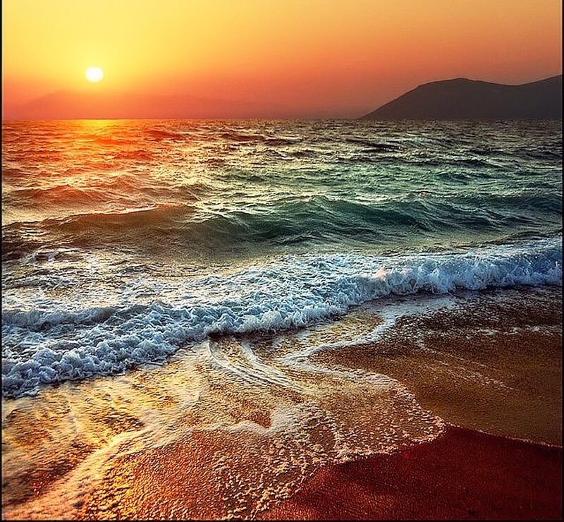 Ocean Waves at Sunset — Orange, Serene, Photograph, Sun, Mountain, Beach