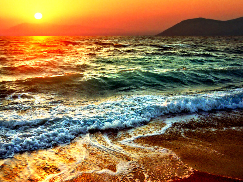 Ocean Waves at Sunset — Orange, Serene, Photograph, Sun, Mountain