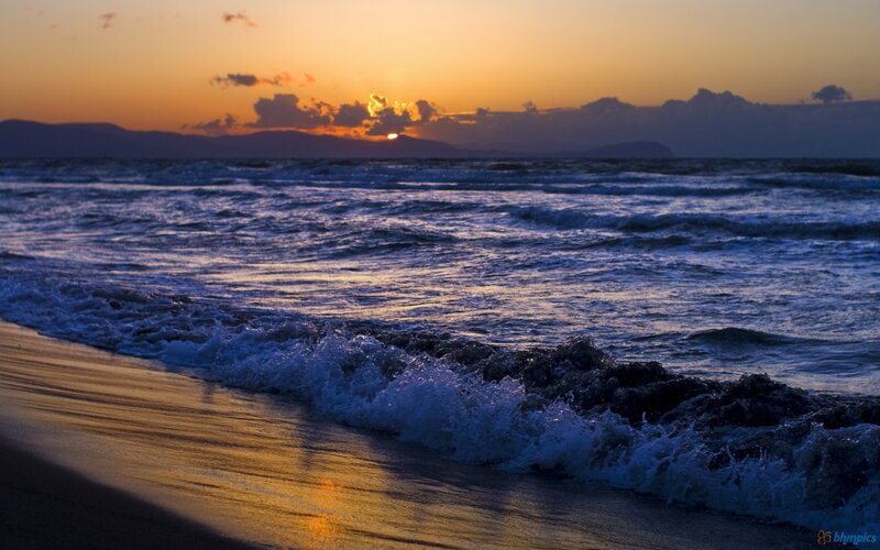 Ocean Waves at Sunset — Orange, Serene, Photograph, Sun, Mountains