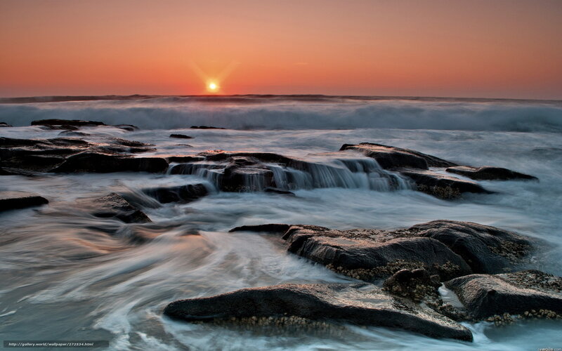 Ocean Waves at Sunset — Orange, Serene, Photograph, Sun, Rocks, Sea