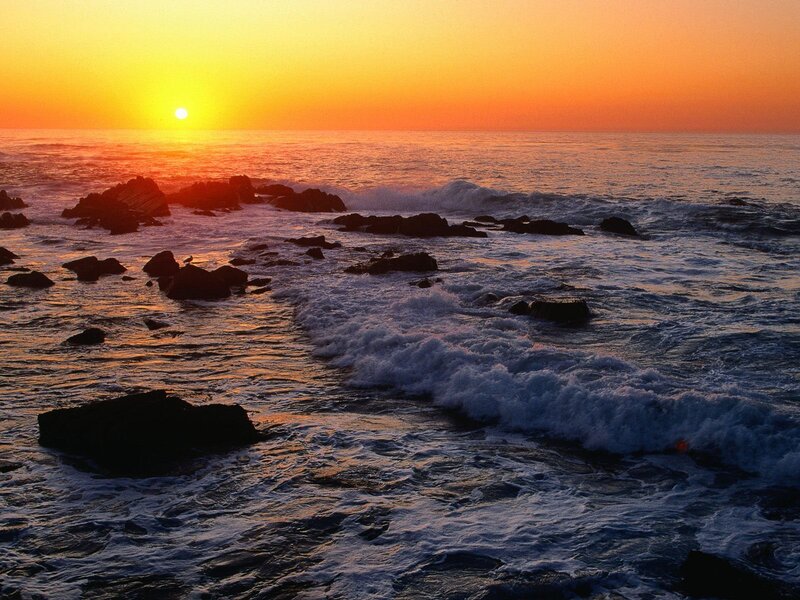 Ocean Waves at Sunset — Orange, Serene, Photograph, Sun, Rocks