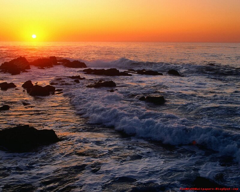 Ocean Waves at Sunset — Orange, Serene, Photograph, Sun, Rocks, Yellow
