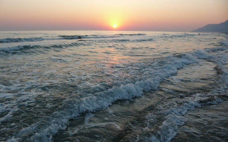 Ocean Waves at Sunset — Orange, Serene, Photograph, Sun, Sea, Mountain