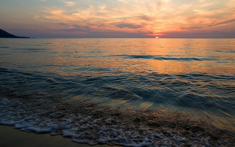 Ocean Waves at Sunset — Orange, Serene, Photograph, Sun, Sky, Beach, Blue