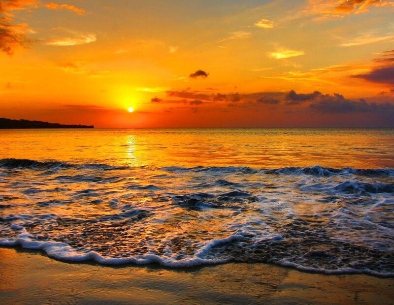 Ocean Waves at Sunset — Orange, Serene, Photograph, Sun, Sky, Beach