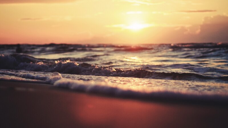 Ocean Waves at Sunset — Orange, Serene, Photograph, Sun, Sky, Beach, Yellow, Blue