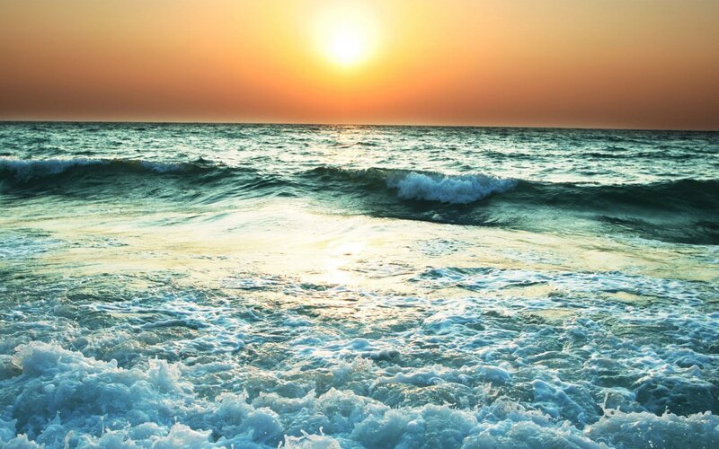 Ocean Waves at Sunset — Orange, Serene, Photograph, Sun, Sky, Sea Foam