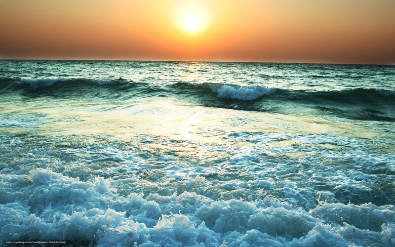 Ocean Waves at Sunset — Orange, Serene, Photograph, Sun, Sky, Sea