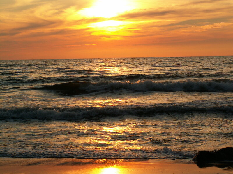 Ocean Waves at Sunset — Orange, Serene, Photograph, Sun, Sky