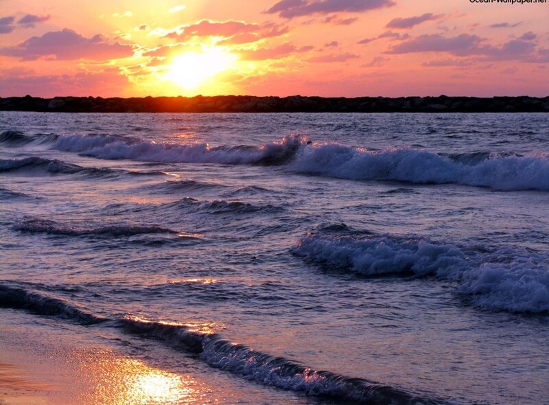 Ocean Waves at Sunset — Orange, Serene, Photograph, Sun