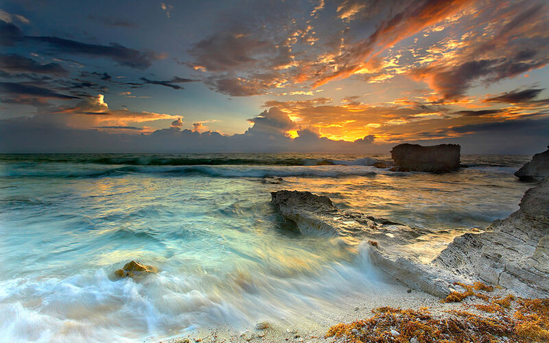Ocean Waves at Sunset — Orange, White