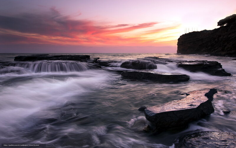 Ocean Waves at Sunset — Pink, Dramatic, Photograph, Rocks