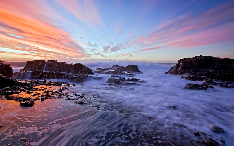Ocean Waves at Sunset — Pink, Dramatic, Photograph