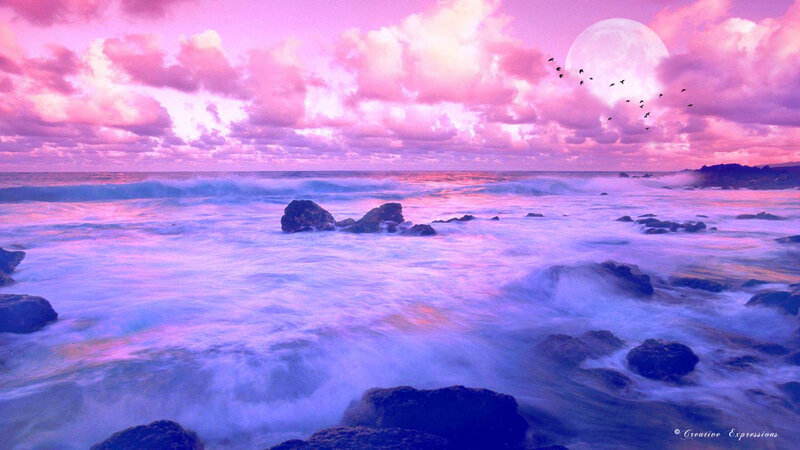 Ocean Waves at Sunset — Pink, Serene, Digital Art