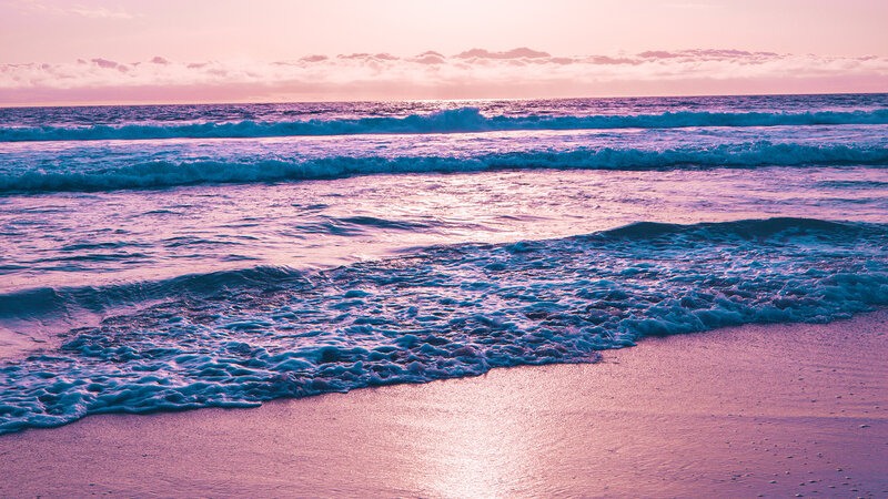 Ocean Waves at Sunset — Pink, Serene, Photograph, Beach, Sky