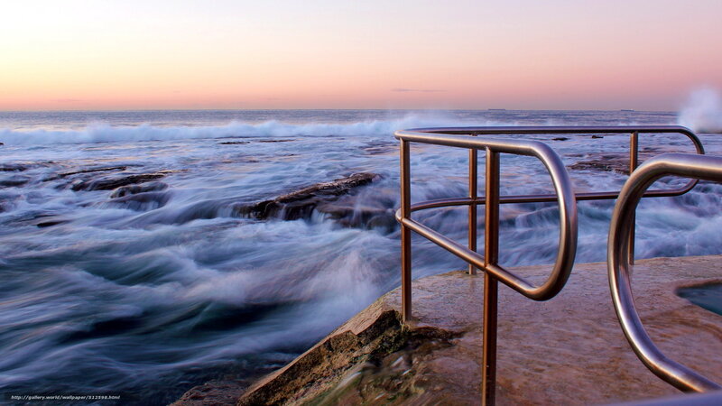 Ocean Waves at Sunset — Pink, Serene, Photograph, Railing, Rocks
