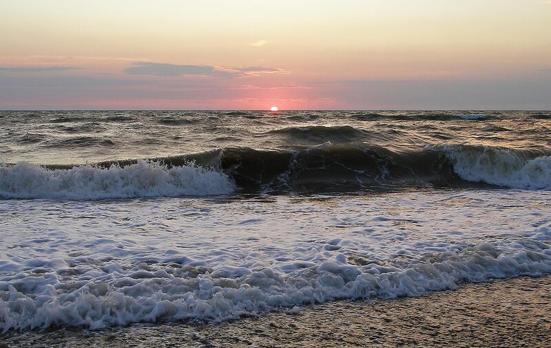 Ocean Waves at Sunset — Pink, Serene, Photograph, Sun