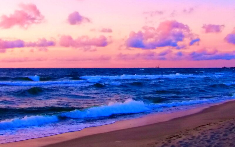 Ocean Waves at Sunset — Pink, Serene, Photograph