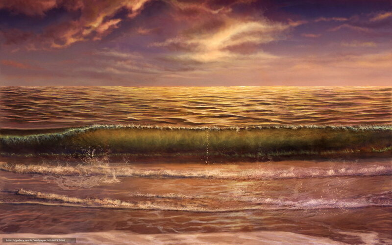 Ocean Waves at Sunset — Purple, Dramatic, Digital Art, Sky