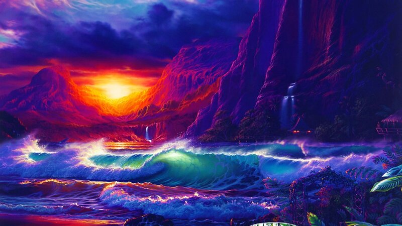 Ocean Waves at Sunset — Purple, Dramatic, Digital Art