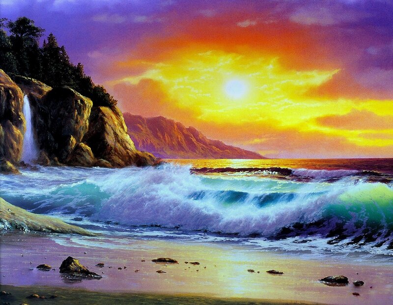 Ocean Waves at Sunset — Purple, Dramatic, Painting, Cliffs