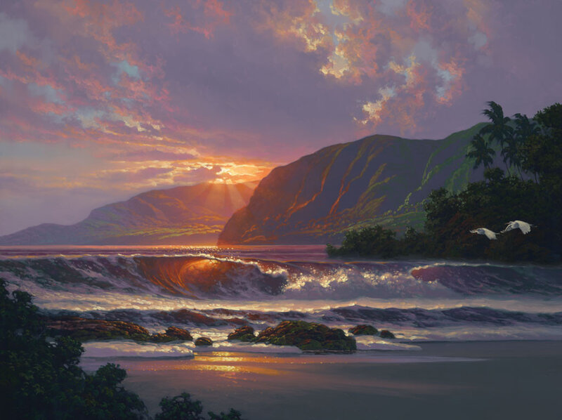 Ocean Waves at Sunset — Purple, Dramatic, Painting, Mountains