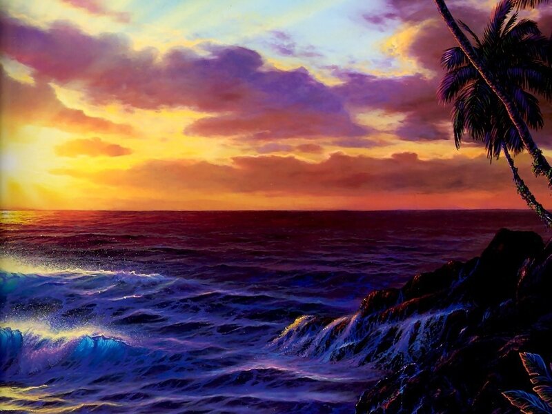 Ocean Waves at Sunset — Purple, Dramatic, Painting, Palm Tree, Rocks, Clouds