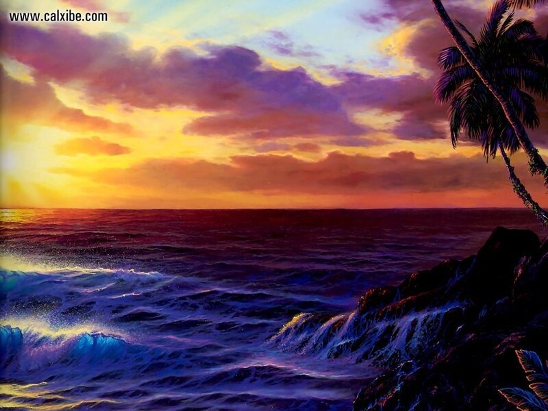 Ocean Waves at Sunset — Purple, Dramatic, Painting, Palm Tree