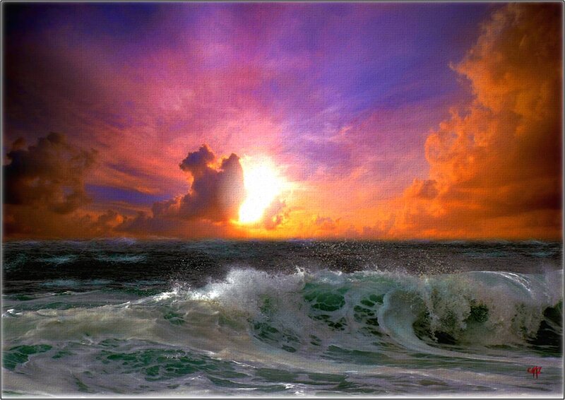 Ocean Waves at Sunset — Purple, Dramatic, Painting, Sun
