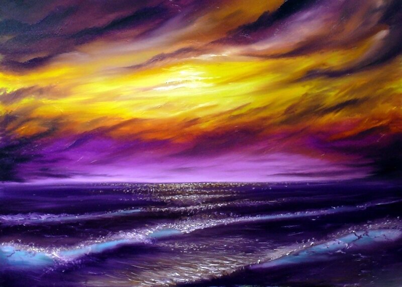 Ocean Waves at Sunset — Purple, Dramatic, Painting