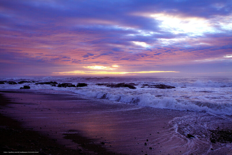 Ocean Waves at Sunset — Purple, Dramatic, Photograph, Beach