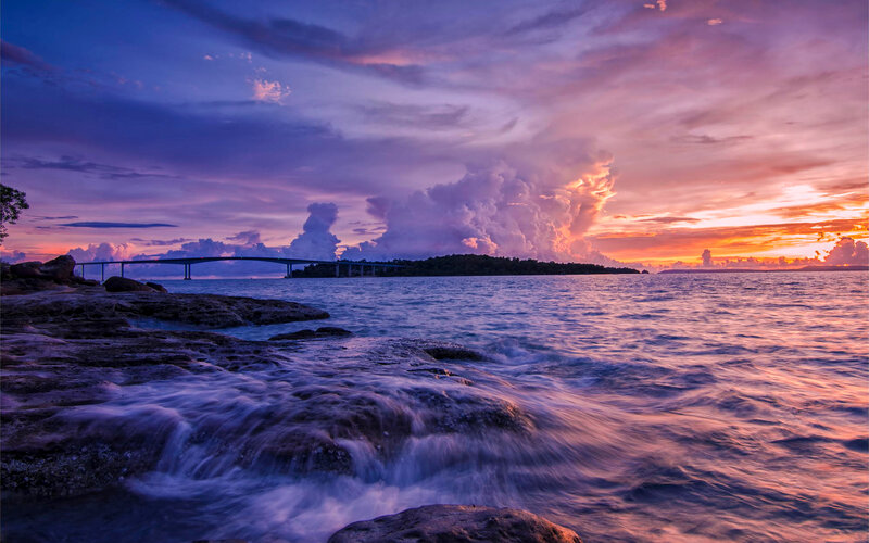 Ocean Waves at Sunset — Purple, Dramatic, Photograph, Bridge, Island
