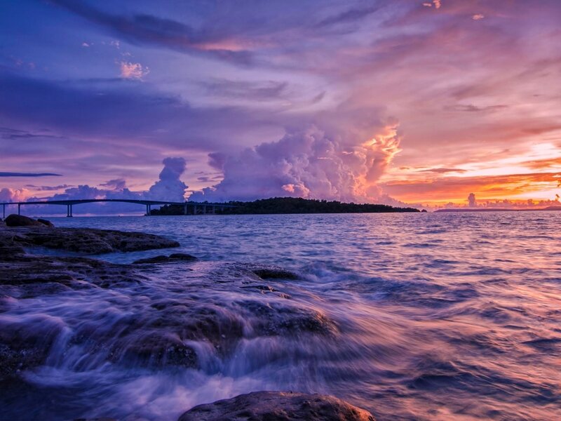 Ocean Waves at Sunset — Purple, Dramatic, Photograph, Bridge