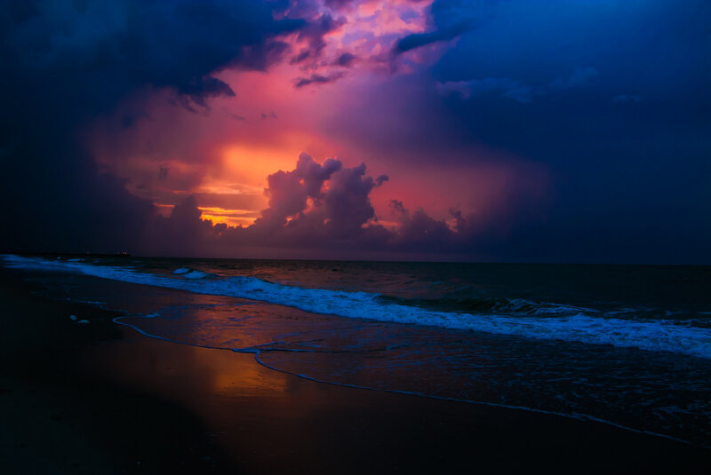 Ocean Waves at Sunset — Purple, Dramatic, Photograph, Clouds, Beach