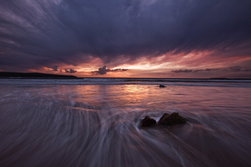 Ocean Waves at Sunset — Purple, Dramatic, Photograph, Clouds, Rocks, Horizon