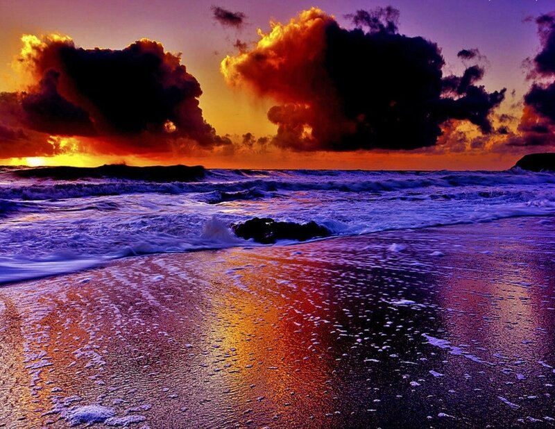Ocean Waves at Sunset — Purple, Dramatic, Photograph, Clouds, Sand