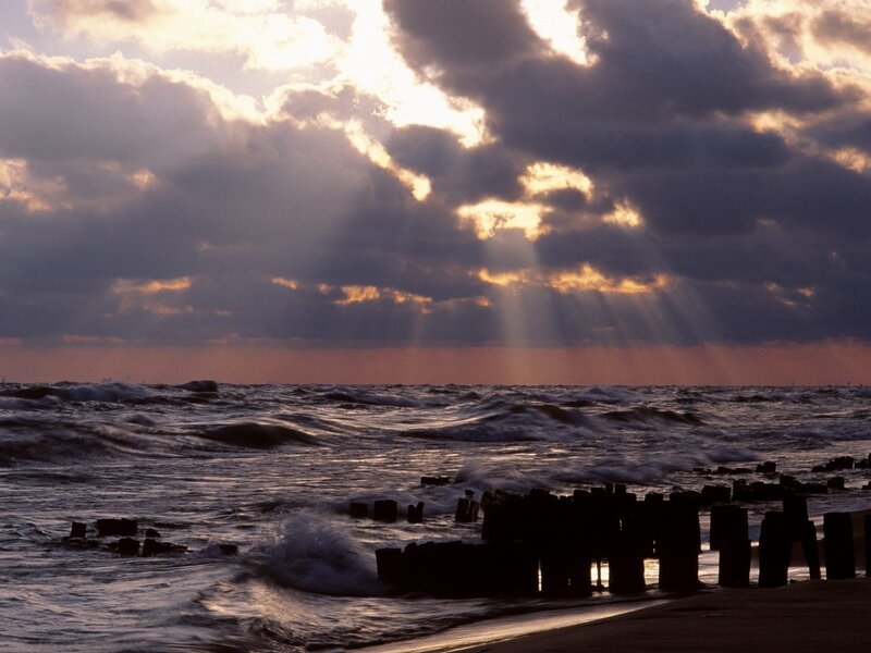 Ocean Waves at Sunset — Purple, Dramatic, Photograph, Clouds, Sunbeams