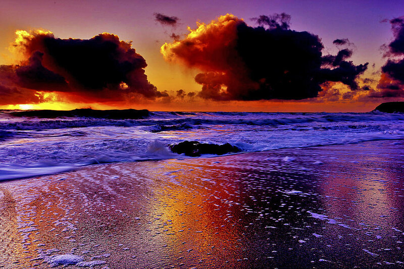 Ocean Waves at Sunset — Purple, Dramatic, Photograph, Clouds