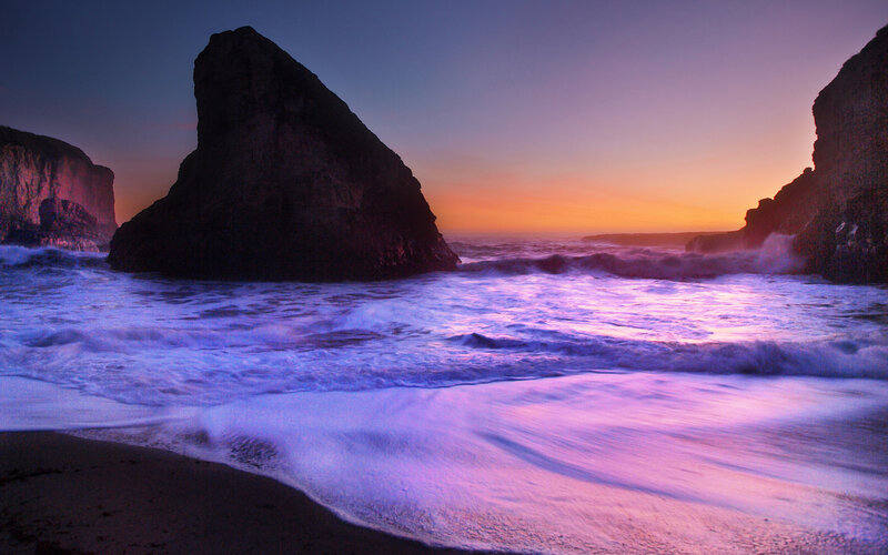 Ocean Waves at Sunset — Purple, Dramatic, Photograph, Rocks, Beach