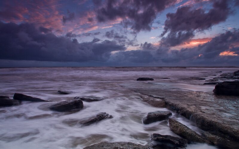 Ocean Waves at Sunset — Purple, Dramatic, Photograph, Rocks, Clouds, Sea, Blue, Orange