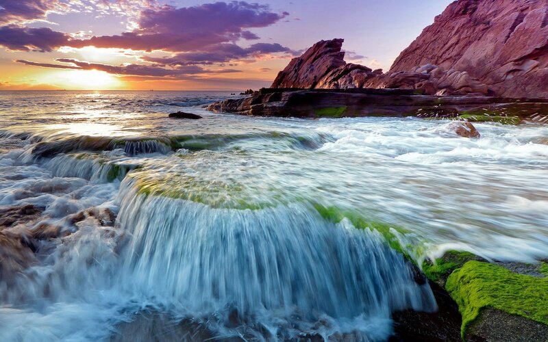 Ocean Waves at Sunset — Purple, Dramatic, Photograph, Rocks, Clouds, Sea, Moss
