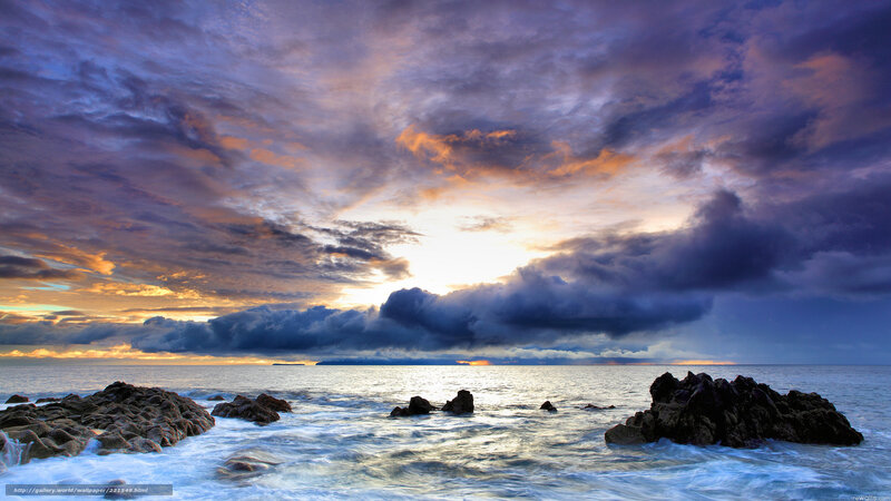 Ocean Waves at Sunset — Purple, Dramatic, Photograph, Rocks, Clouds, Sea, Sun