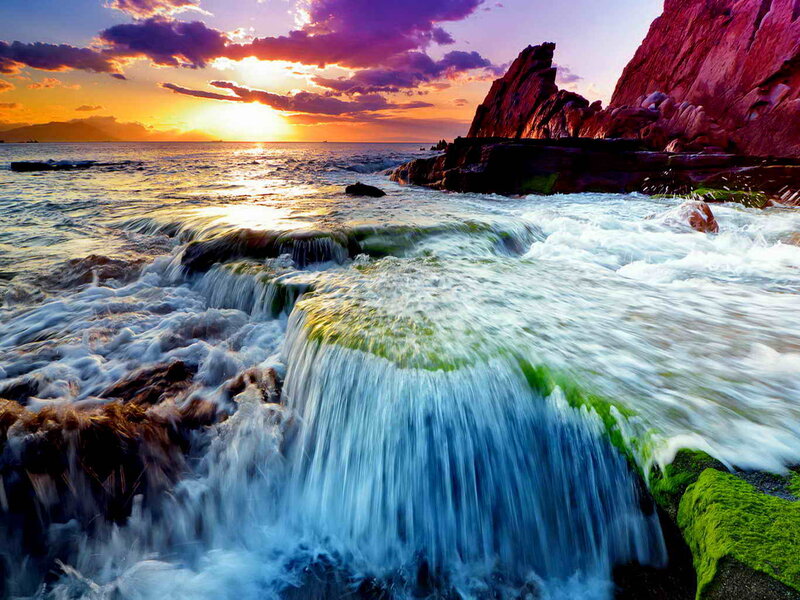 Ocean Waves at Sunset — Purple, Dramatic, Photograph, Rocks, Clouds, Sea