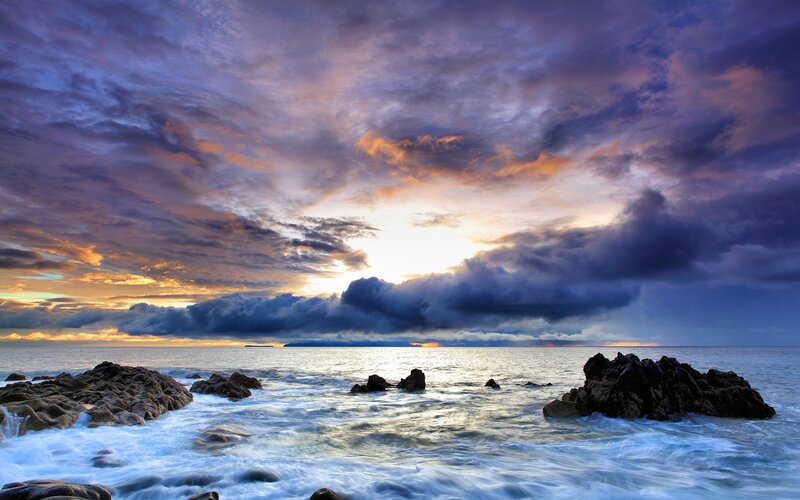 Ocean Waves at Sunset — Purple, Dramatic, Photograph, Rocks, Clouds, Sun