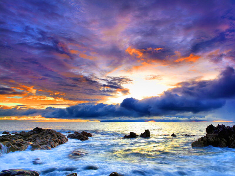 Ocean Waves at Sunset — Purple, Dramatic, Photograph, Rocks, Clouds