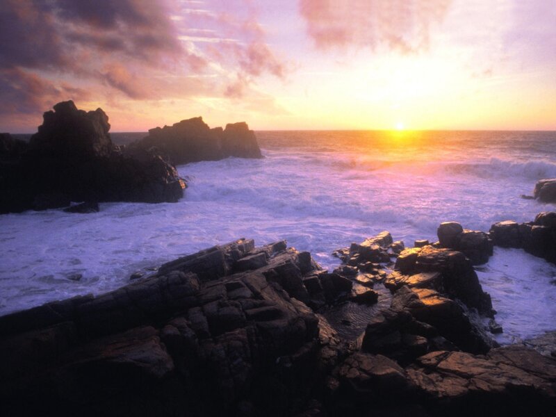 Ocean Waves at Sunset — Purple, Dramatic, Photograph, Rocks, Sea, Sky, Orange