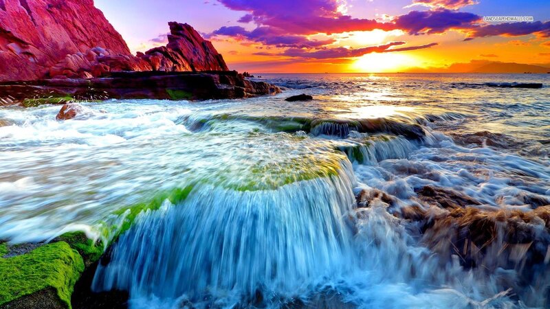 Ocean Waves at Sunset — Purple, Dramatic, Photograph, Rocks, Sea