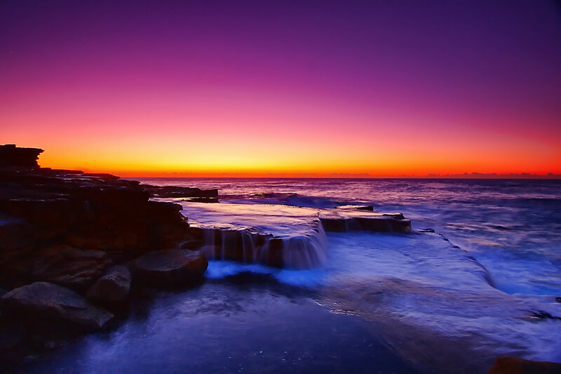Ocean Waves at Sunset — Purple, Dramatic, Photograph, Rocks, Sky, Sea, Pink, Orange