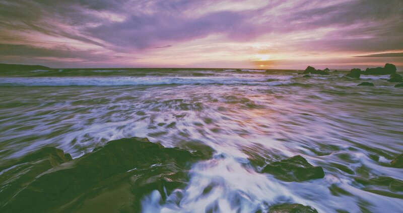 Ocean Waves at Sunset — Purple, Dramatic, Photograph, Rocks, Sky, Sun